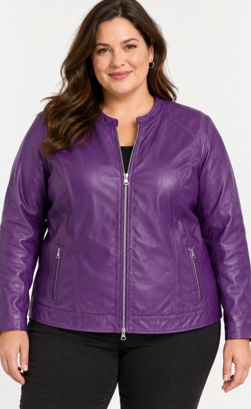 Jessica London Purple Genuine Leather Moto Jacket Plus Size Zip Biker Size 24
